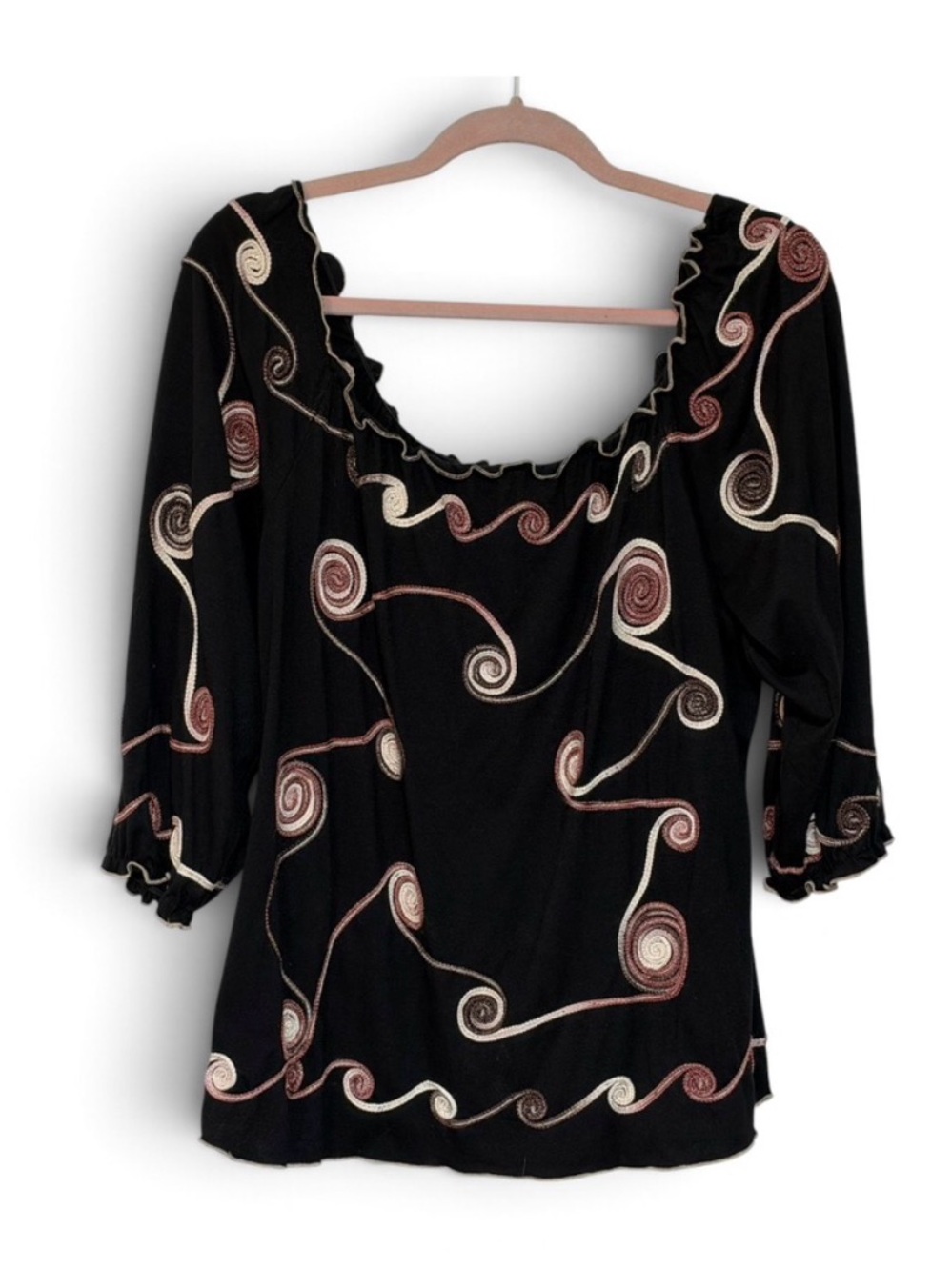 Lauren Michelle Black Peasant Top with Cream & Rose Swirl Embroidery